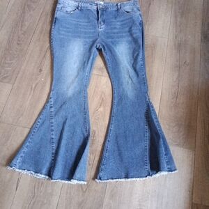 Blue Frayed Hem Flared Jeans